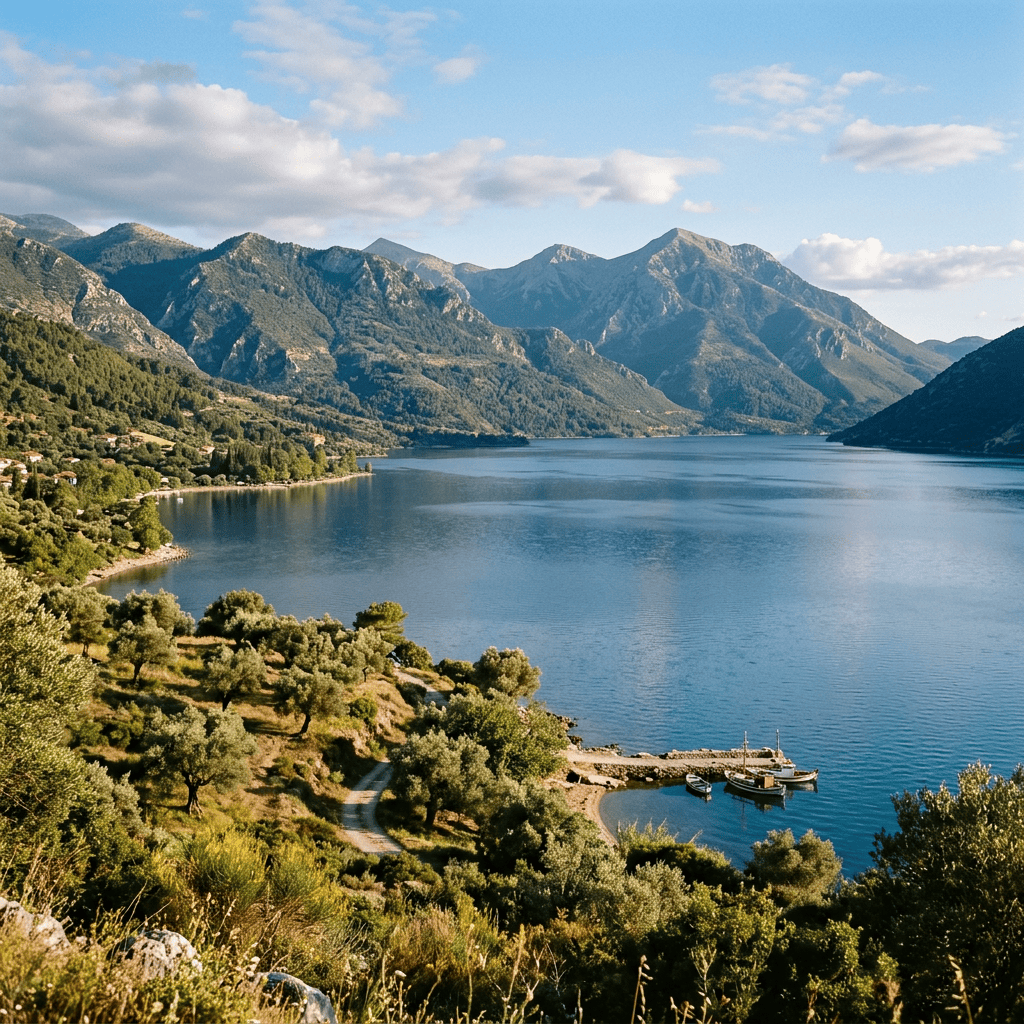 Calm lake with forested mountains and boats docked at a small pier
