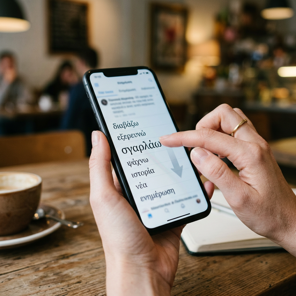 Hand holding smartphone displaying Greek text being scrolled
